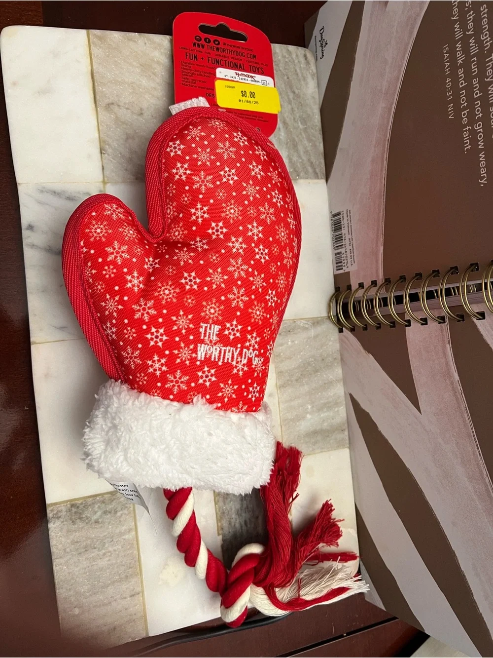 Red Snowflake Mitten Dog Toy with Rope — Squeaky Tug & Toss